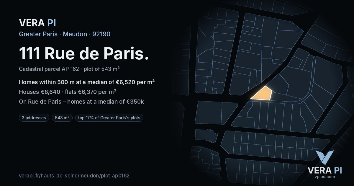 111 Rue de Paris, Meudon at night – the plot lit, the parcels around coloured by the prices near them