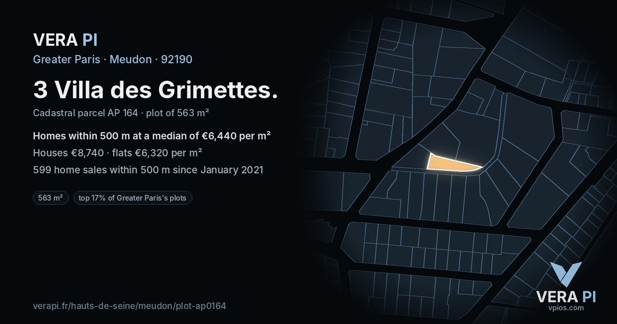 3 Villa des Grimettes, Meudon at night – the plot lit, the parcels around coloured by the prices near them
