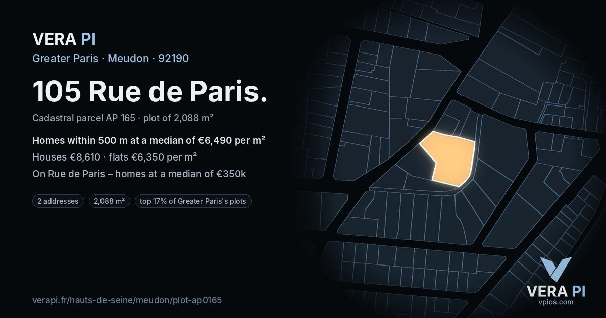 105 Rue de Paris, Meudon at night – the plot lit, the parcels around coloured by the prices near them