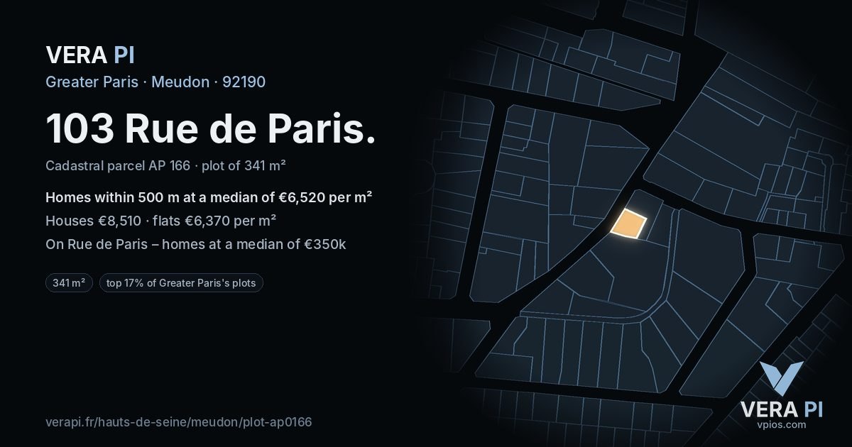 103 Rue de Paris, Meudon at night – the plot lit, the parcels around coloured by the prices near them
