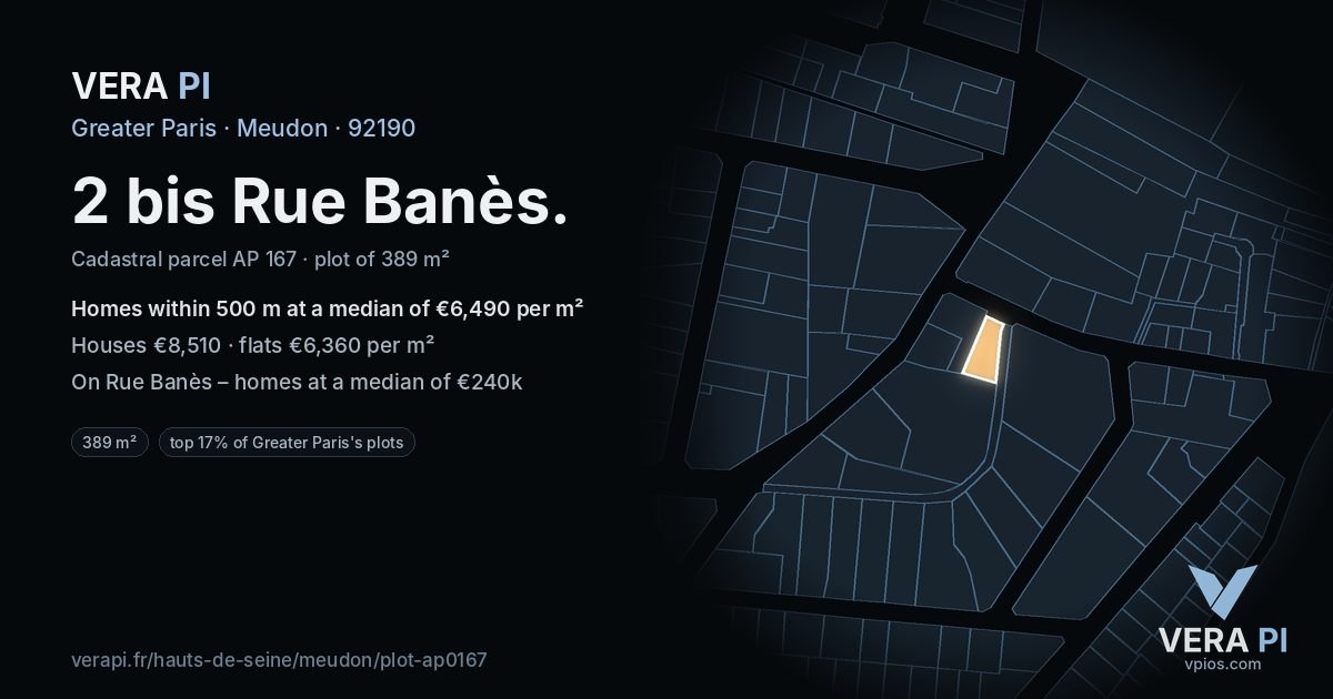 2 bis Rue Banès, Meudon at night – the plot lit, the parcels around coloured by the prices near them