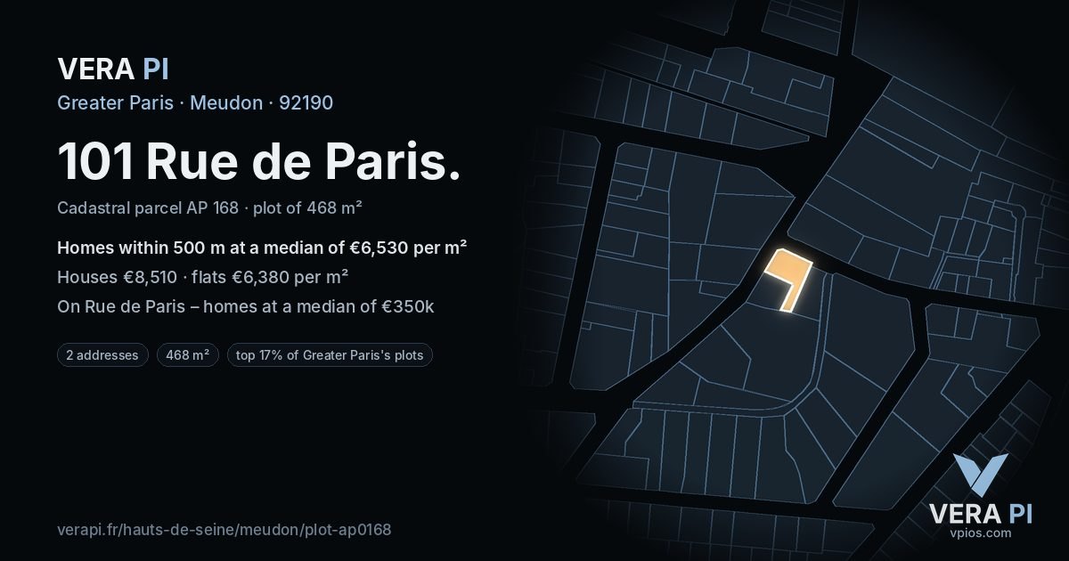 101 Rue de Paris, Meudon at night – the plot lit, the parcels around coloured by the prices near them