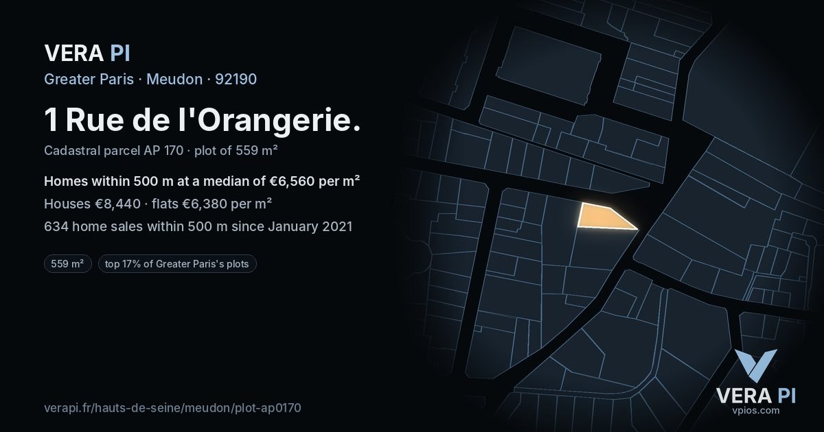 1 Rue de l'Orangerie, Meudon at night – the plot lit, the parcels around coloured by the prices near them
