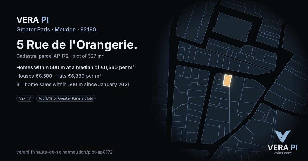 5 Rue de l'Orangerie, Meudon at night – the plot lit, the parcels around coloured by the prices near them