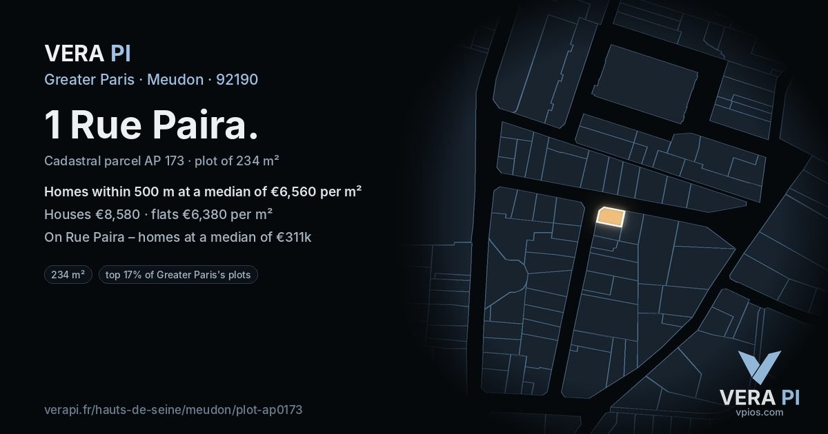 1 Rue Paira, Meudon at night – the plot lit, the parcels around coloured by the prices near them