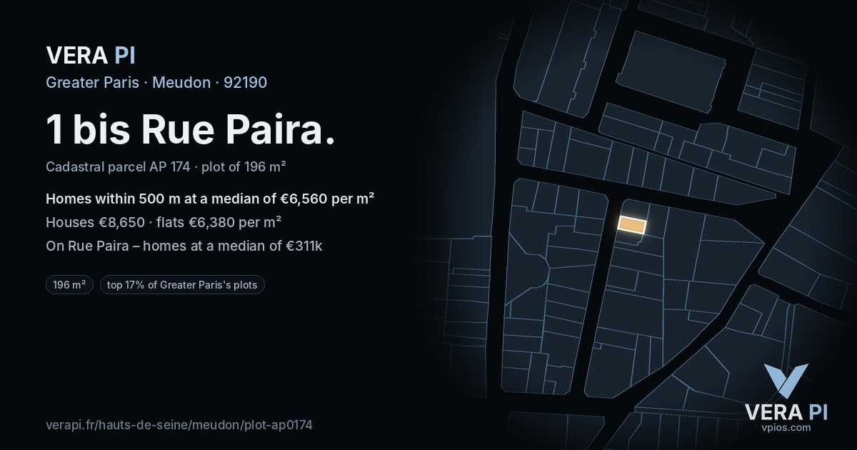 1 bis Rue Paira, Meudon at night – the plot lit, the parcels around coloured by the prices near them