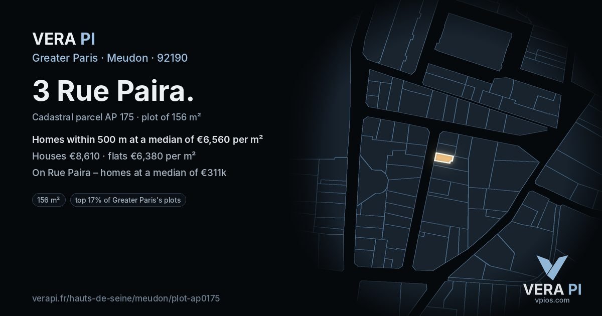 3 Rue Paira, Meudon at night – the plot lit, the parcels around coloured by the prices near them