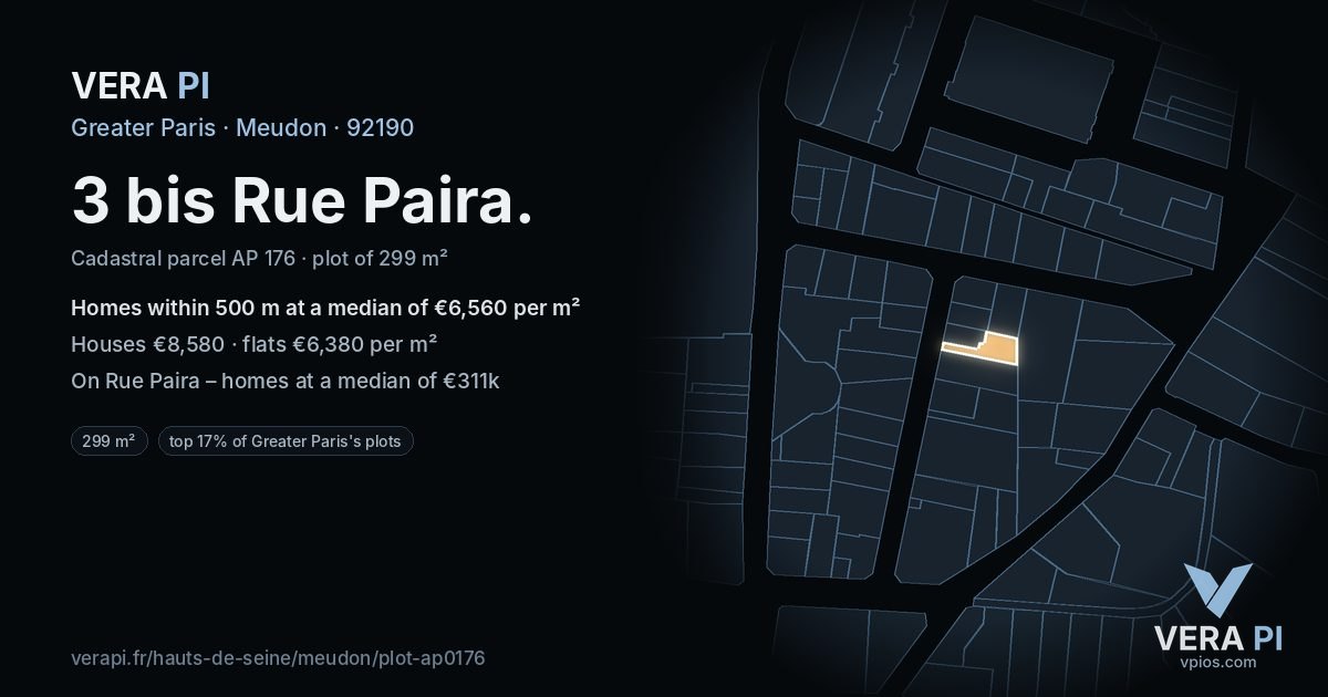 3 bis Rue Paira, Meudon at night – the plot lit, the parcels around coloured by the prices near them