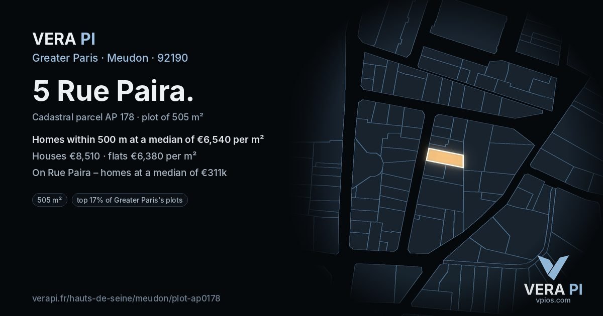 5 Rue Paira, Meudon at night – the plot lit, the parcels around coloured by the prices near them