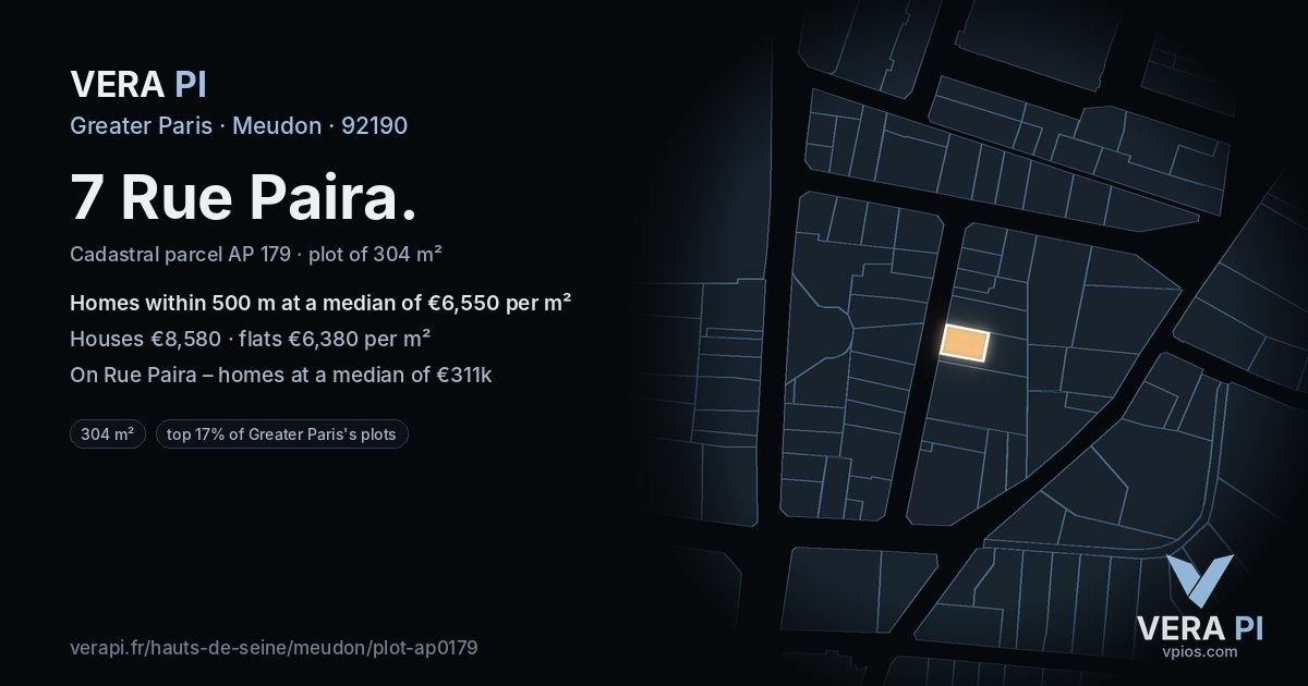 7 Rue Paira, Meudon at night – the plot lit, the parcels around coloured by the prices near them