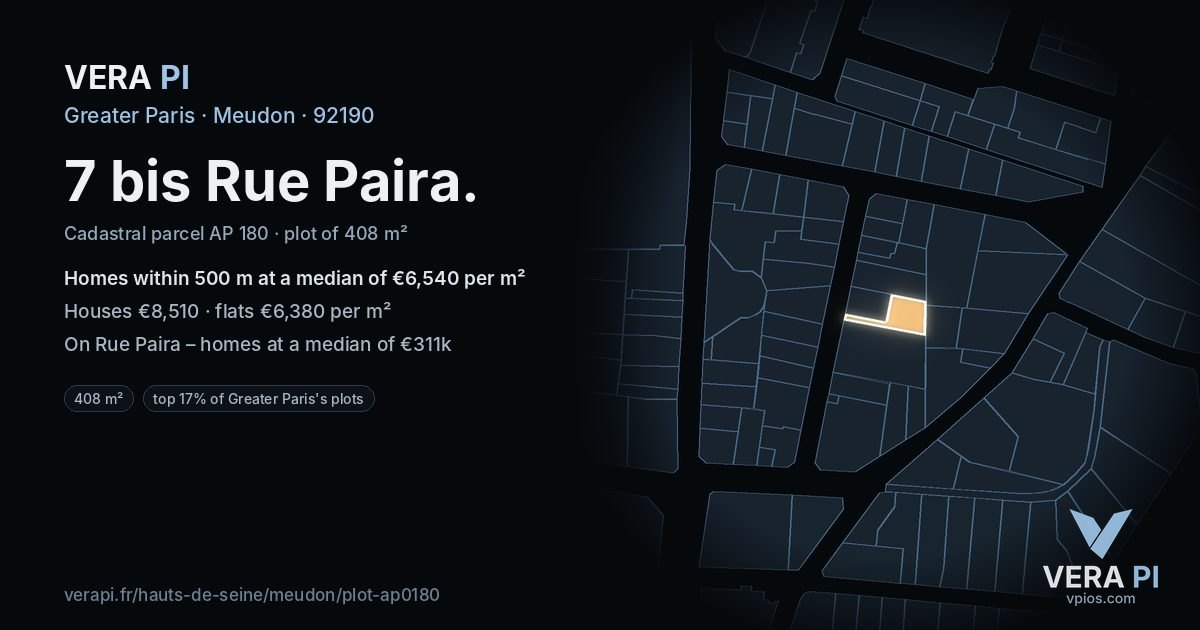 7 bis Rue Paira, Meudon at night – the plot lit, the parcels around coloured by the prices near them