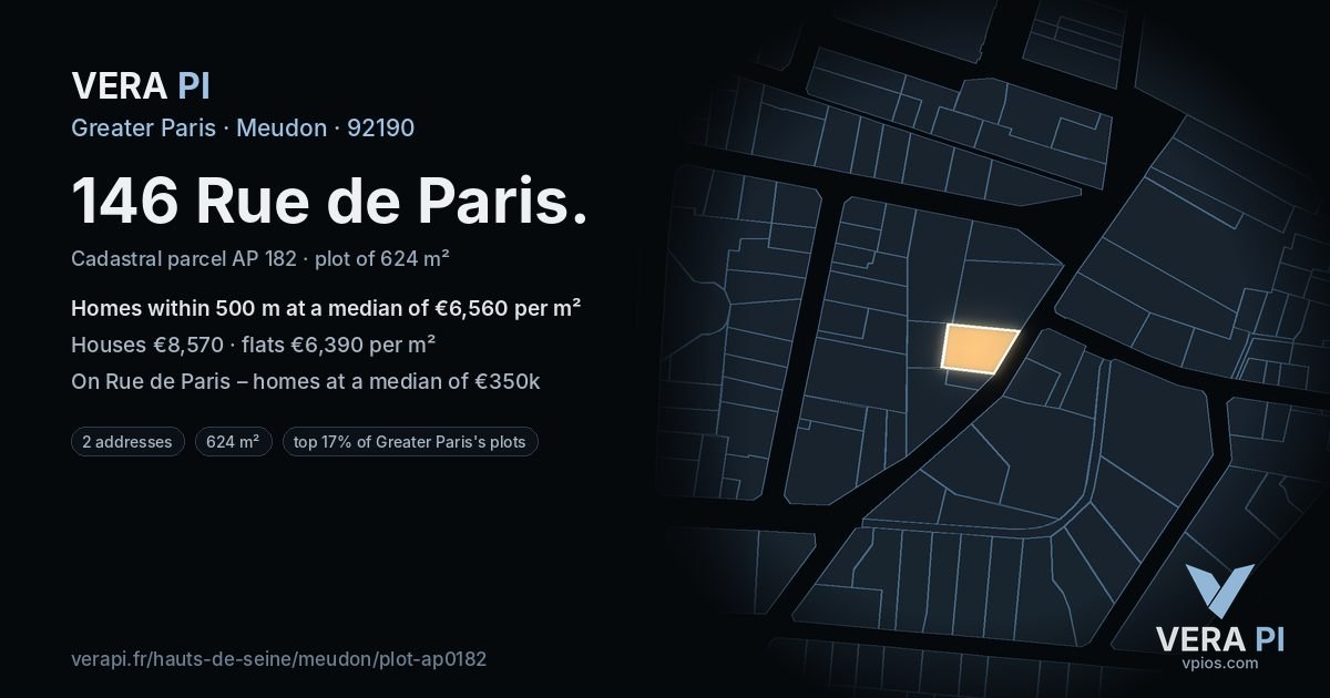 146 Rue de Paris, Meudon at night – the plot lit, the parcels around coloured by the prices near them