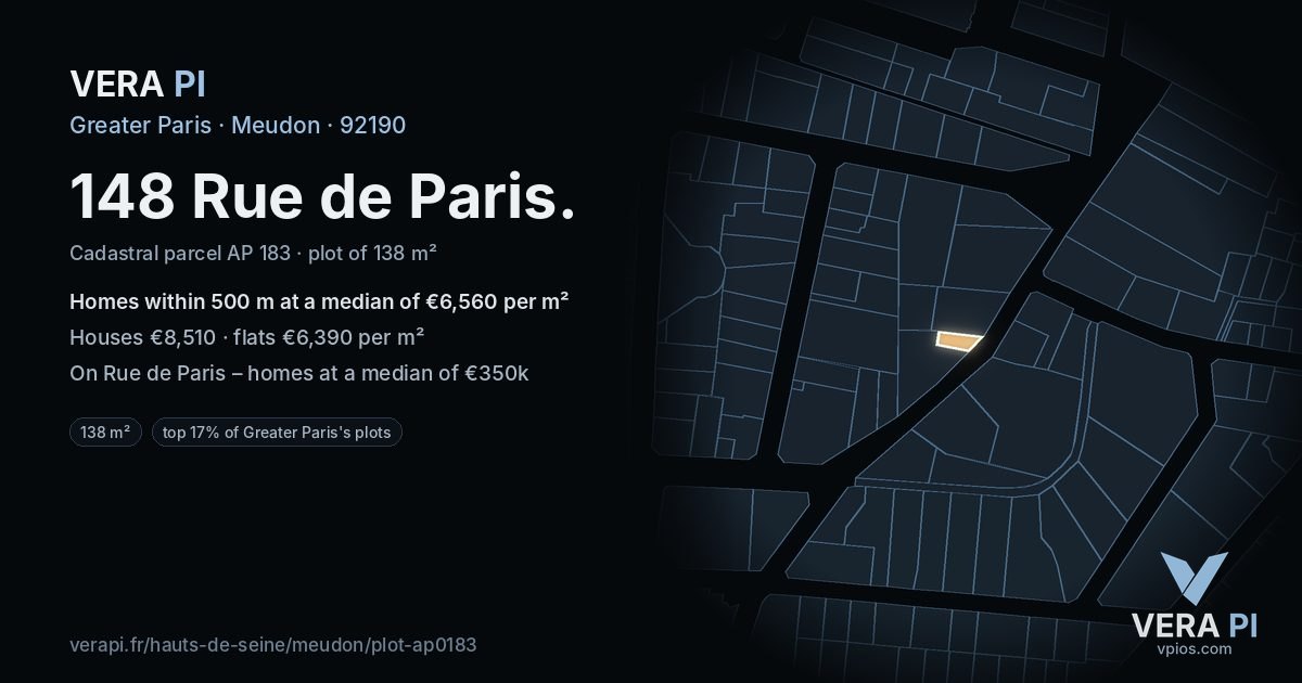 148 Rue de Paris, Meudon at night – the plot lit, the parcels around coloured by the prices near them