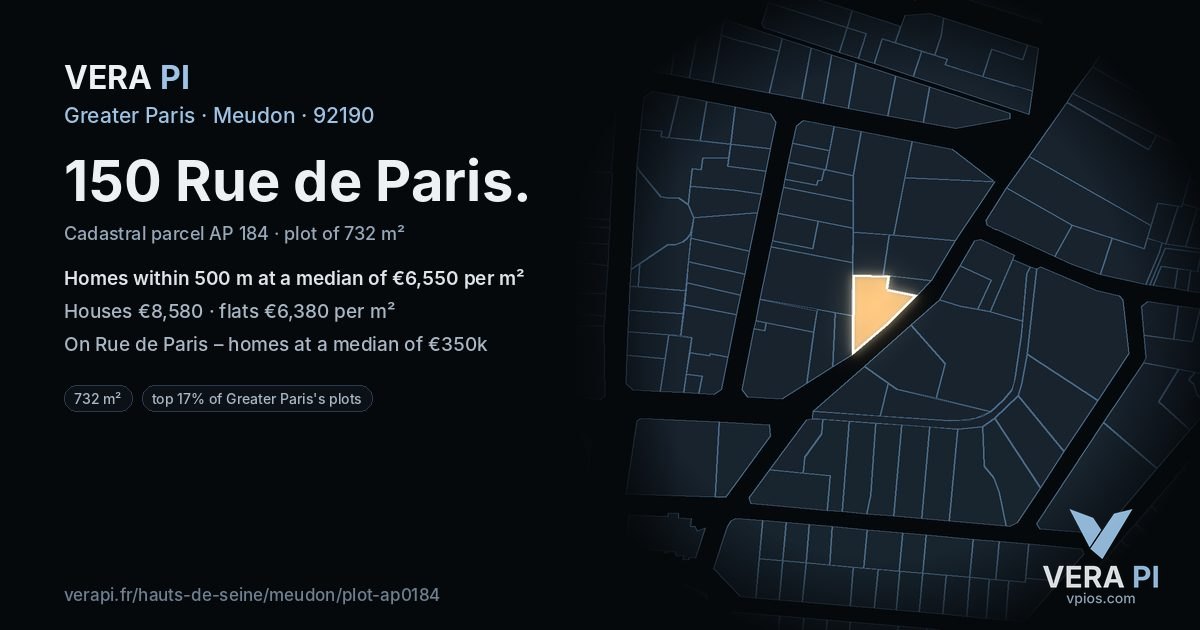 150 Rue de Paris, Meudon at night – the plot lit, the parcels around coloured by the prices near them