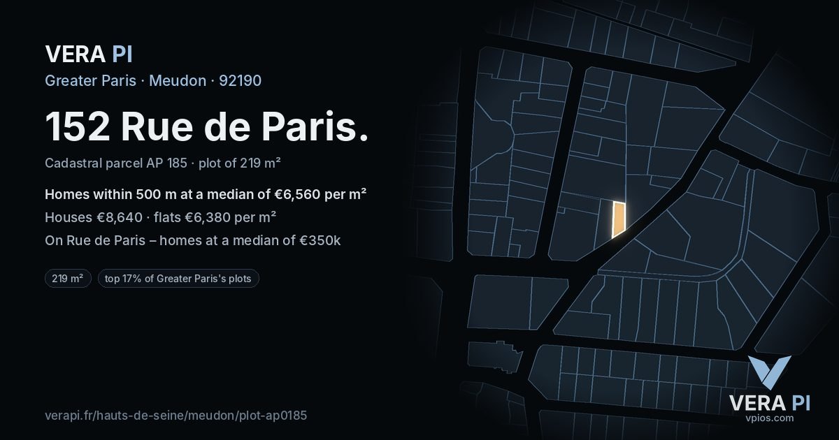 152 Rue de Paris, Meudon at night – the plot lit, the parcels around coloured by the prices near them