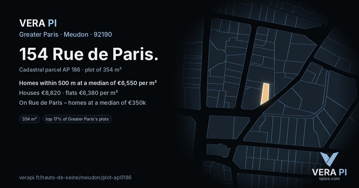 154 Rue de Paris, Meudon at night – the plot lit, the parcels around coloured by the prices near them