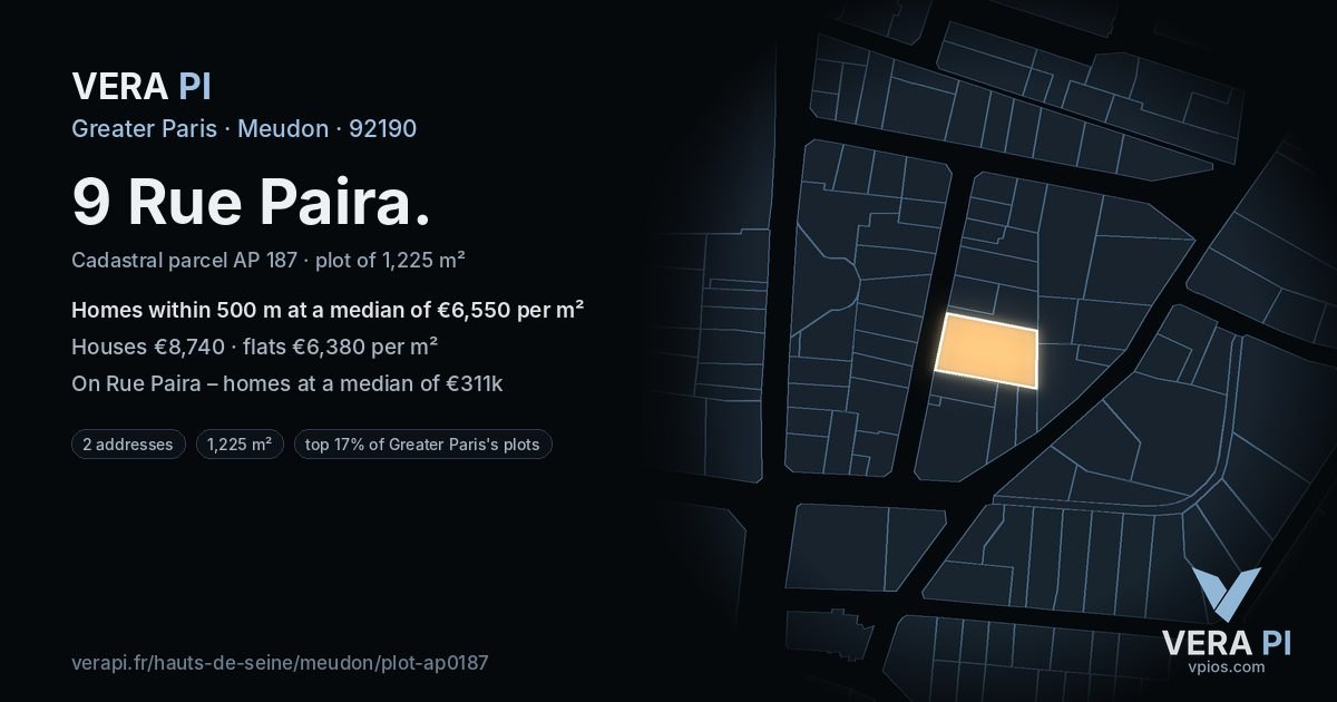 9 Rue Paira, Meudon at night – the plot lit, the parcels around coloured by the prices near them