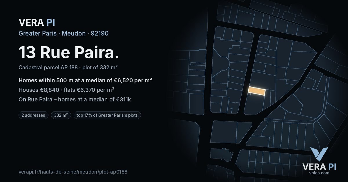 13 Rue Paira, Meudon at night – the plot lit, the parcels around coloured by the prices near them