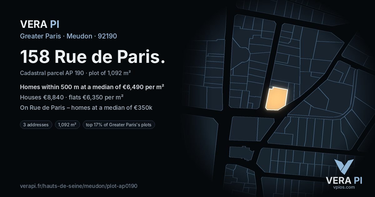 158 Rue de Paris, Meudon at night – the plot lit, the parcels around coloured by the prices near them