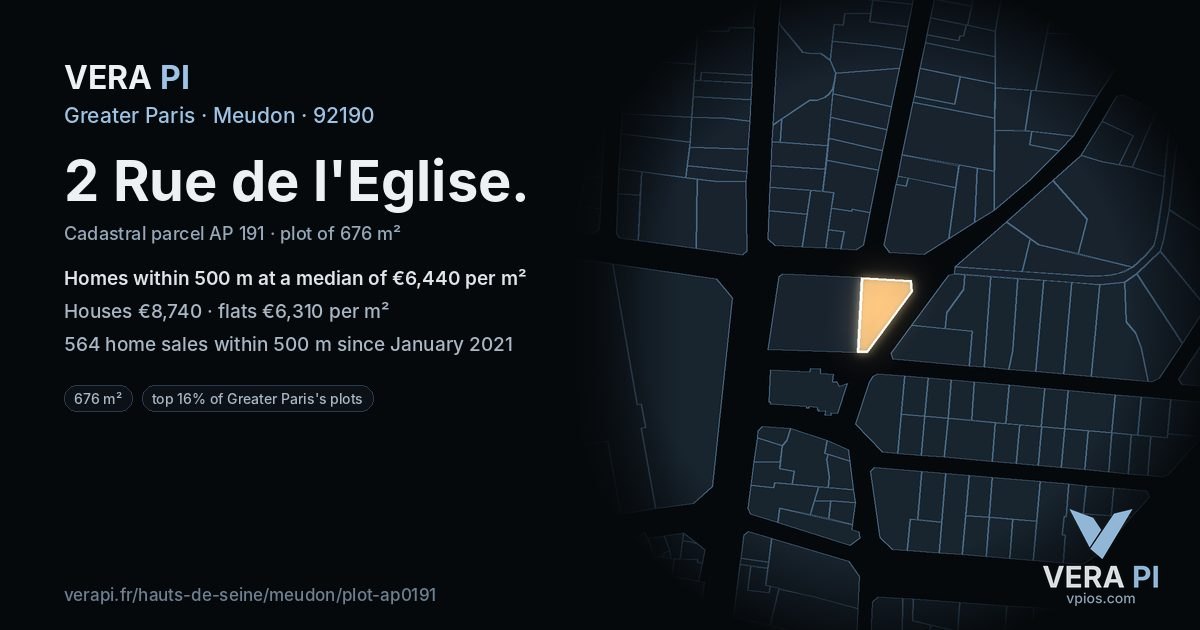 2 Rue de l'Eglise, Meudon at night – the plot lit, the parcels around coloured by the prices near them