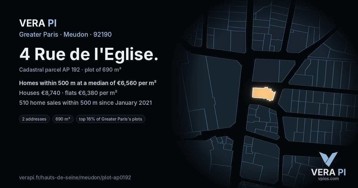 4 Rue de l'Eglise, Meudon at night – the plot lit, the parcels around coloured by the prices near them