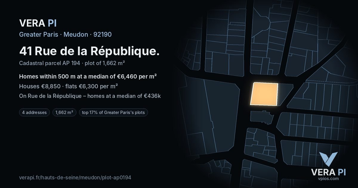 41 Rue de la République, Meudon at night – the plot lit, the parcels around coloured by the prices near them