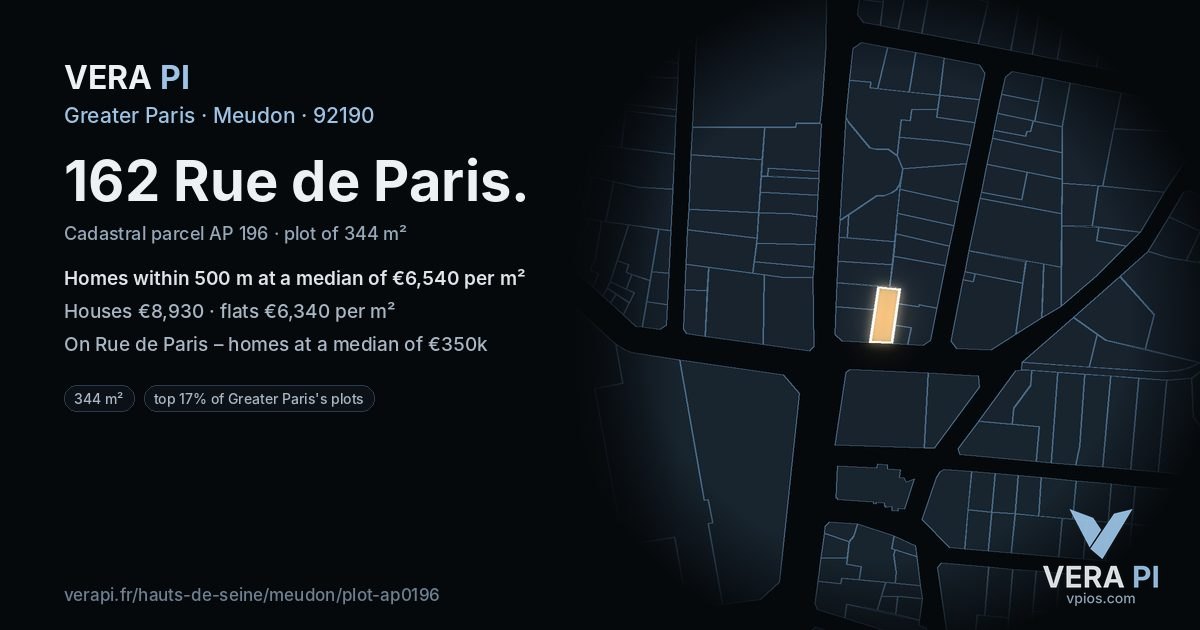 162 Rue de Paris, Meudon at night – the plot lit, the parcels around coloured by the prices near them
