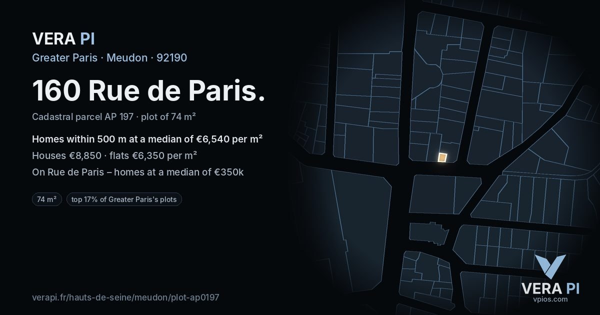 160 Rue de Paris, Meudon at night – the plot lit, the parcels around coloured by the prices near them