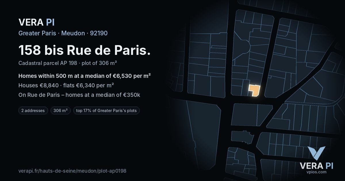 158 bis Rue de Paris, Meudon at night – the plot lit, the parcels around coloured by the prices near them