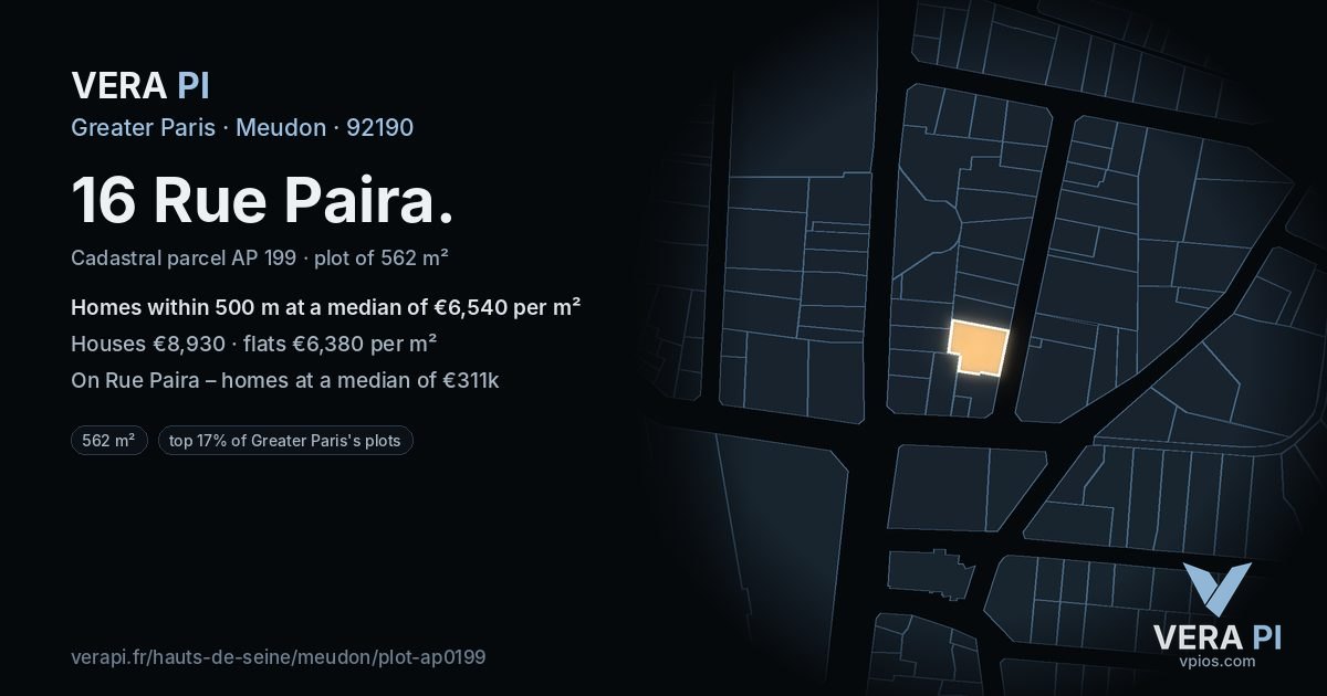 16 Rue Paira, Meudon at night – the plot lit, the parcels around coloured by the prices near them