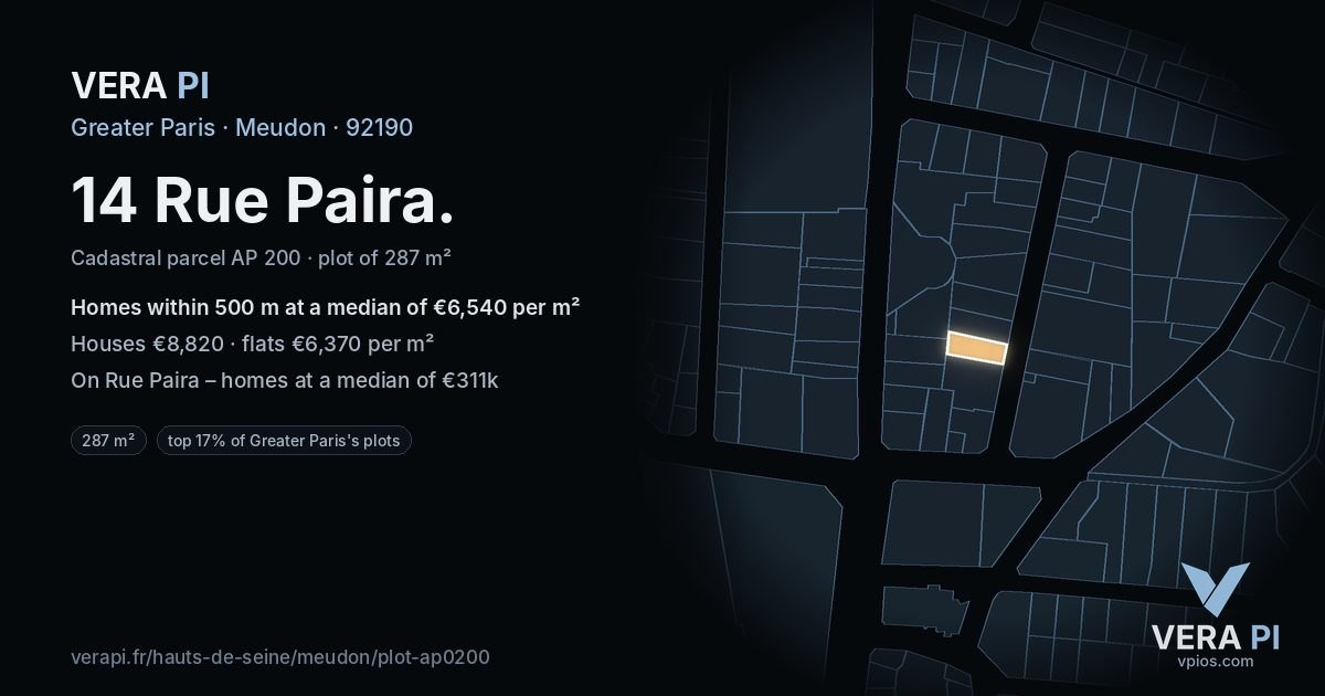 14 Rue Paira, Meudon at night – the plot lit, the parcels around coloured by the prices near them