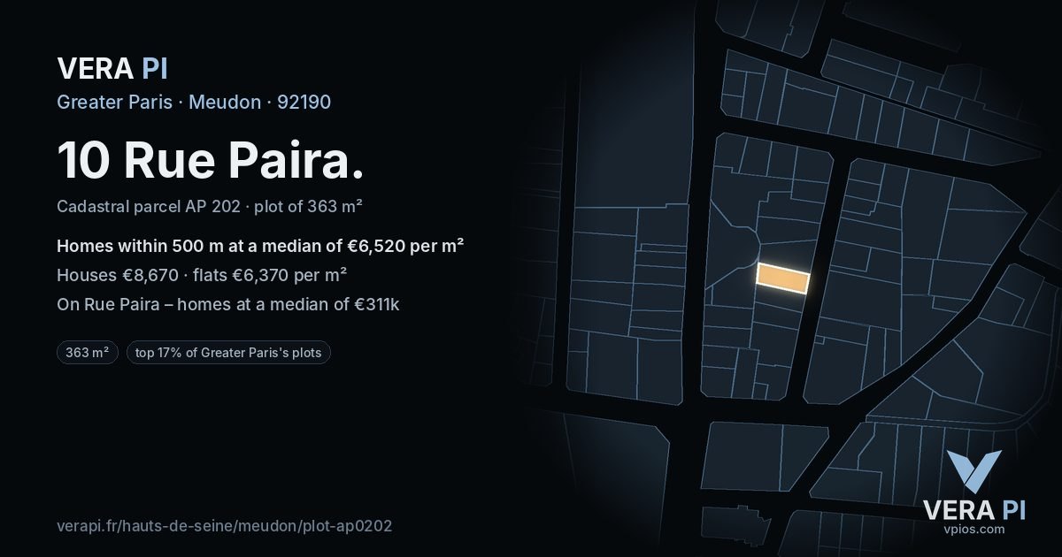 10 Rue Paira, Meudon at night – the plot lit, the parcels around coloured by the prices near them
