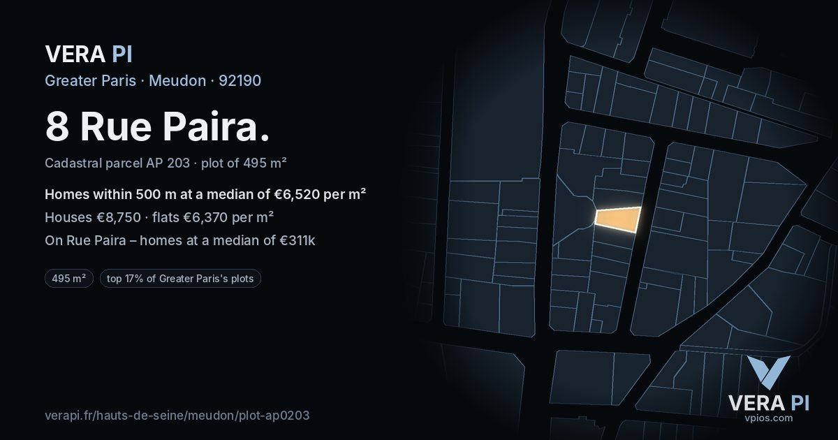 8 Rue Paira, Meudon at night – the plot lit, the parcels around coloured by the prices near them
