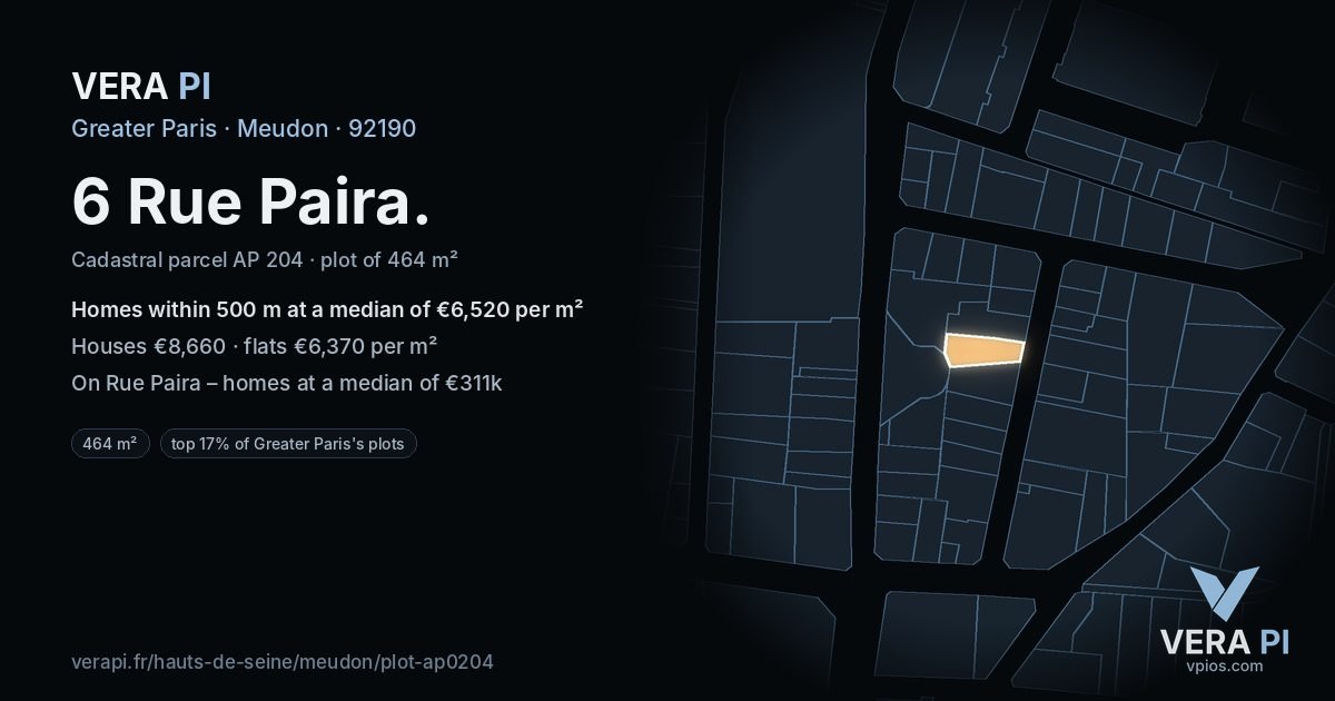 6 Rue Paira, Meudon at night – the plot lit, the parcels around coloured by the prices near them