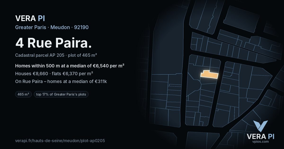 4 Rue Paira, Meudon at night – the plot lit, the parcels around coloured by the prices near them
