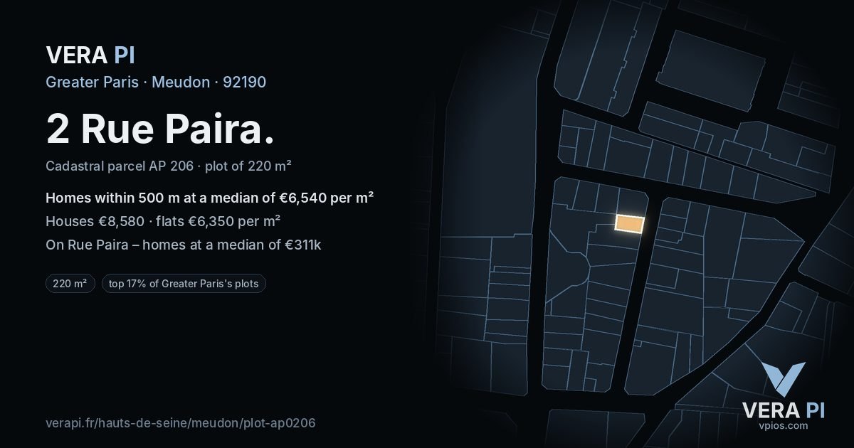 2 Rue Paira, Meudon at night – the plot lit, the parcels around coloured by the prices near them