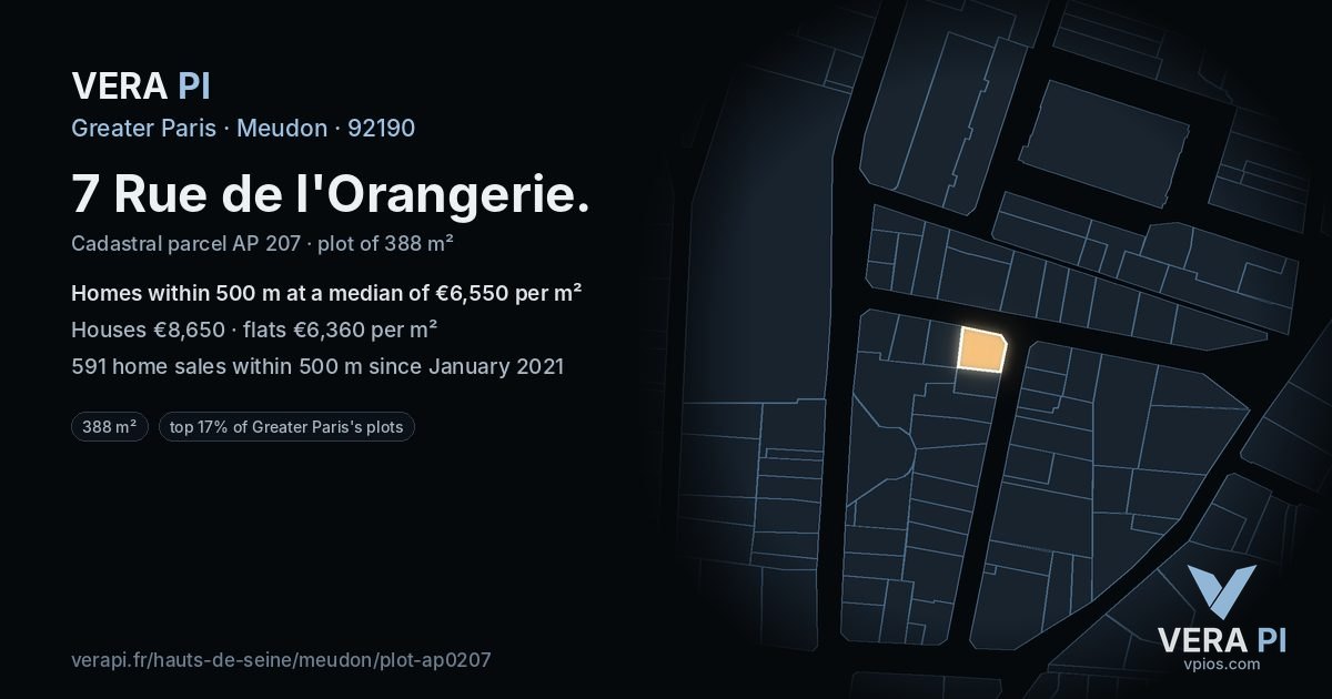 7 Rue de l'Orangerie, Meudon at night – the plot lit, the parcels around coloured by the prices near them