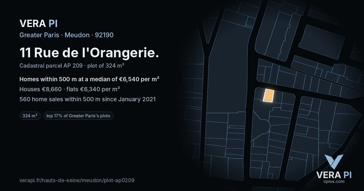 11 Rue de l'Orangerie, Meudon at night – the plot lit, the parcels around coloured by the prices near them
