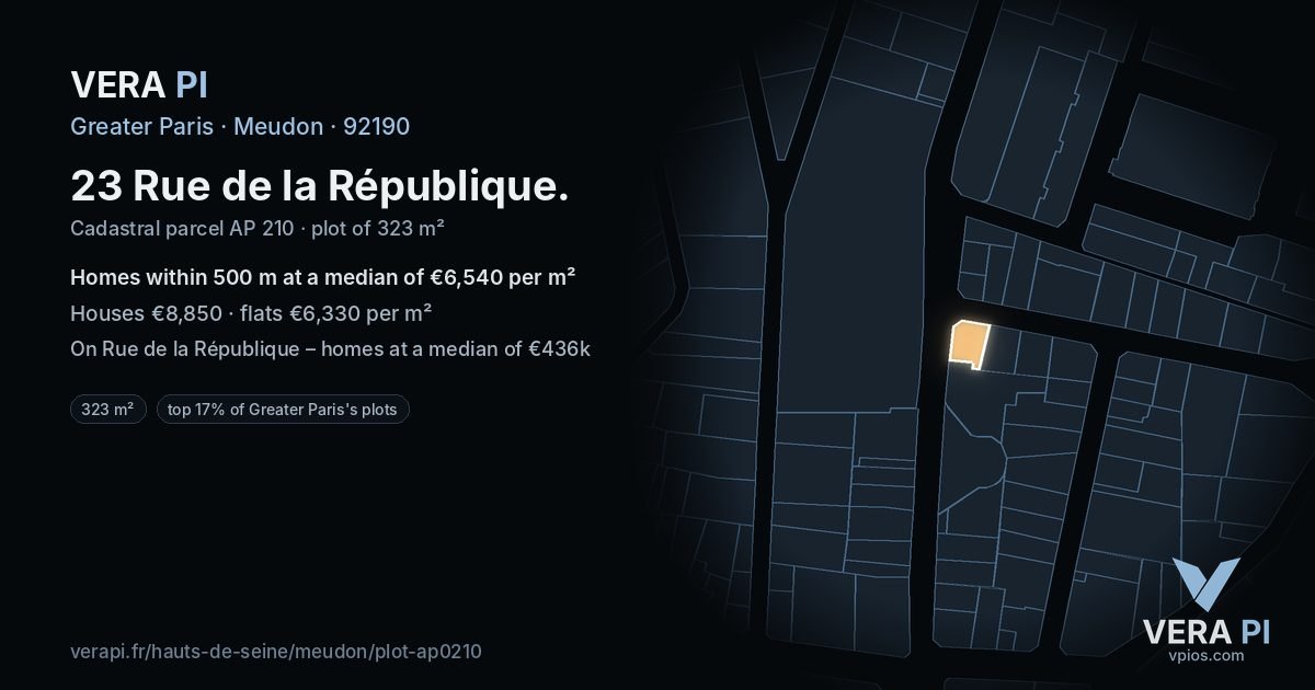 23 Rue de la République, Meudon at night – the plot lit, the parcels around coloured by the prices near them