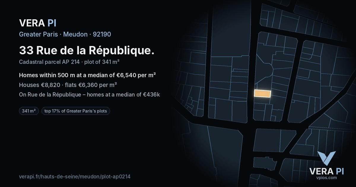 33 Rue de la République, Meudon at night – the plot lit, the parcels around coloured by the prices near them