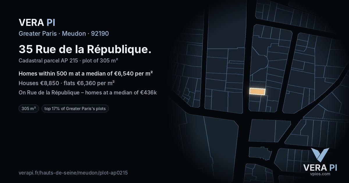 35 Rue de la République, Meudon at night – the plot lit, the parcels around coloured by the prices near them
