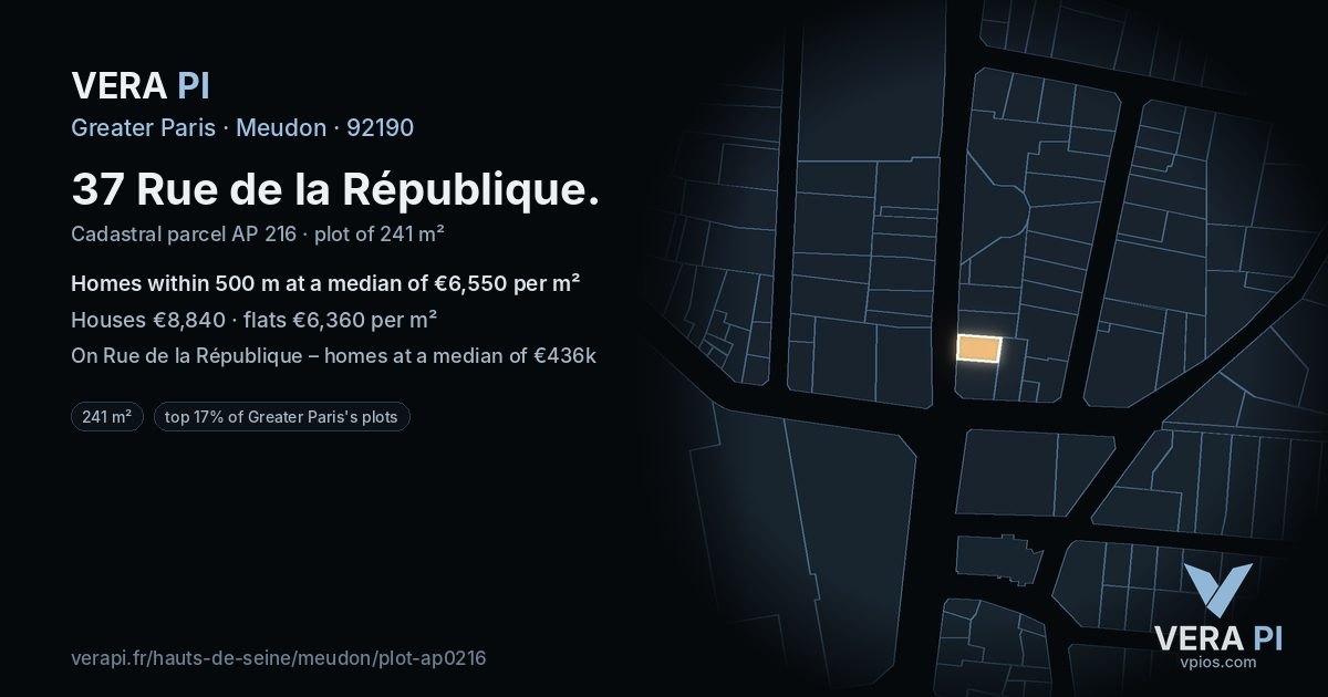 37 Rue de la République, Meudon at night – the plot lit, the parcels around coloured by the prices near them