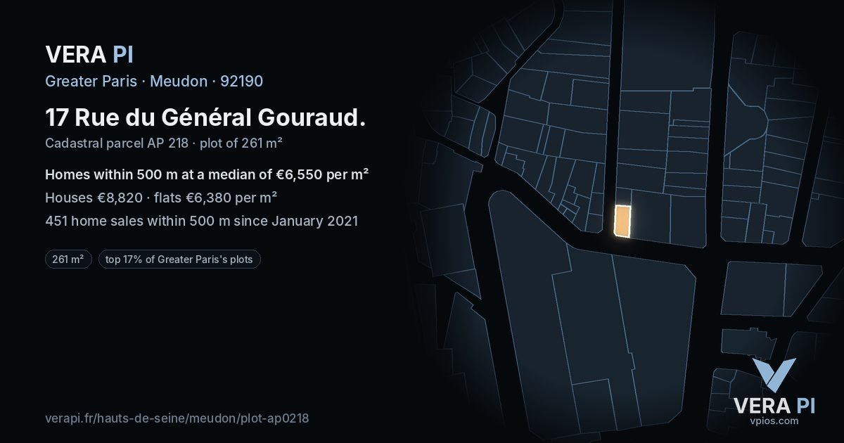 17 Rue du Général Gouraud, Meudon at night – the plot lit, the parcels around coloured by the prices near them