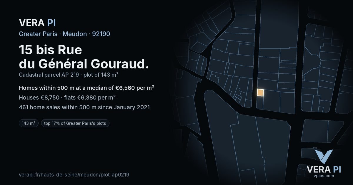 15 bis Rue du Général Gouraud, Meudon at night – the plot lit, the parcels around coloured by the prices near them