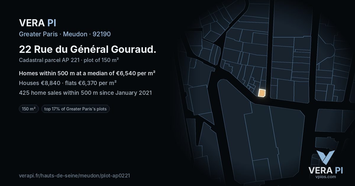 22 Rue du Général Gouraud, Meudon at night – the plot lit, the parcels around coloured by the prices near them