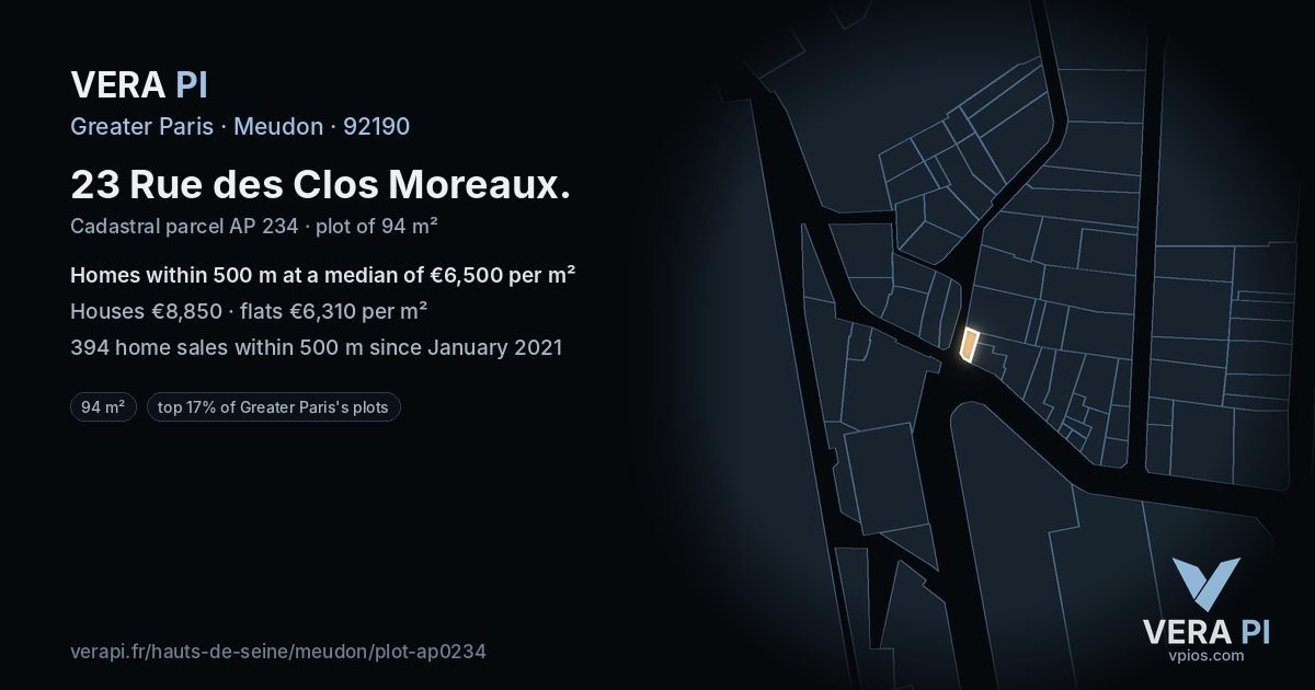 23 Rue des Clos Moreaux, Meudon at night – the plot lit, the parcels around coloured by the prices near them
