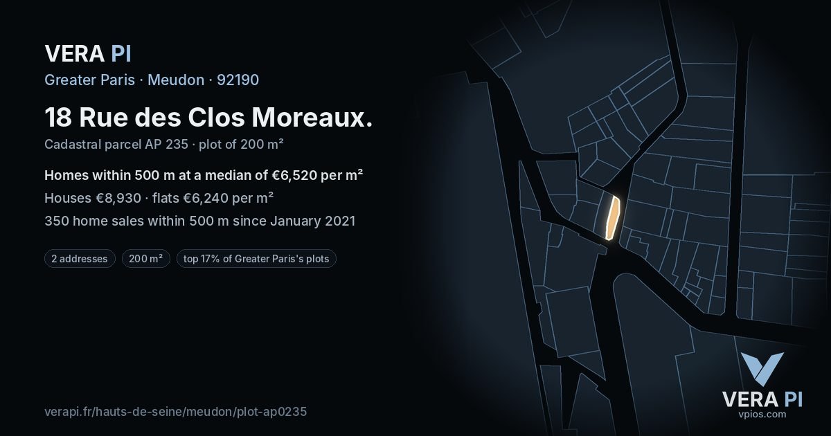 18 Rue des Clos Moreaux, Meudon at night – the plot lit, the parcels around coloured by the prices near them