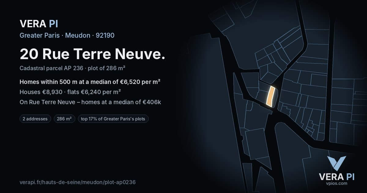 20 Rue Terre Neuve, Meudon at night – the plot lit, the parcels around coloured by the prices near them