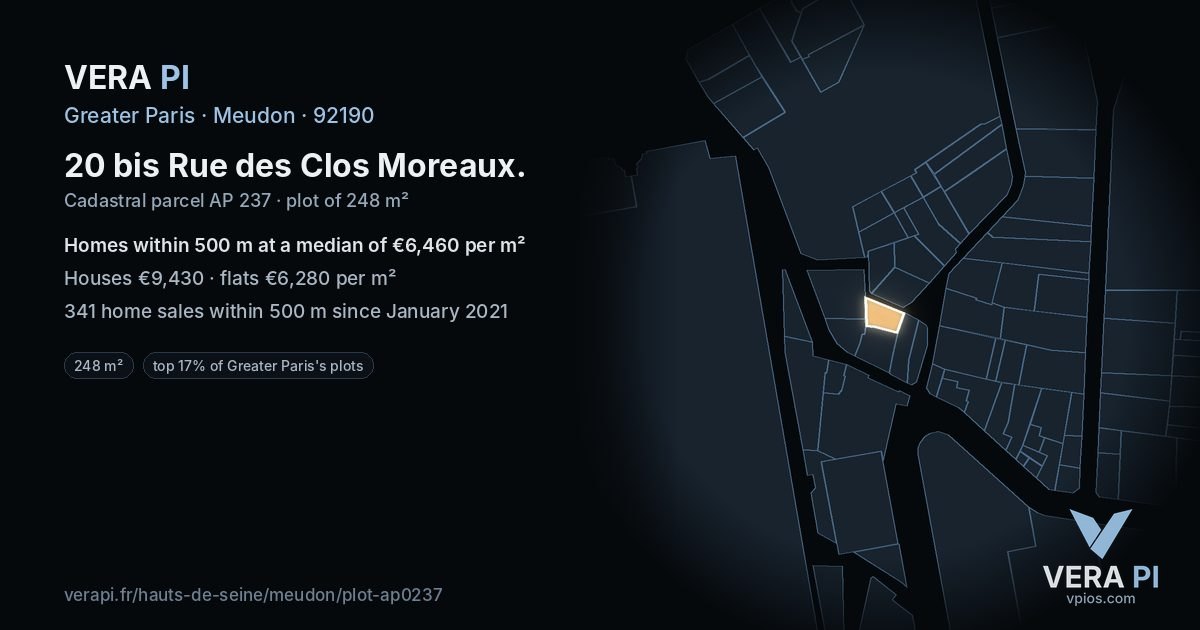 20 bis Rue des Clos Moreaux, Meudon at night – the plot lit, the parcels around coloured by the prices near them