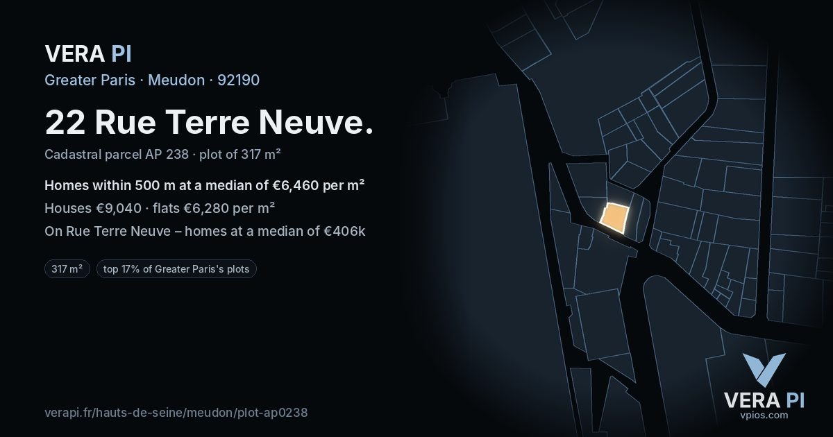 22 Rue Terre Neuve, Meudon at night – the plot lit, the parcels around coloured by the prices near them